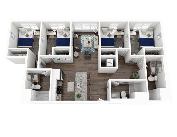 Modern 3D floor plan featuring 3 cozy bedrooms, open living and dining area, sleek kitchen with island, and 2 bathrooms.