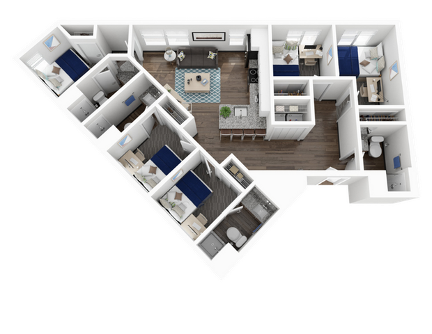 Modern 3D floor plan showcasing 3 bedrooms, stylish open kitchen with bar seating, and a cozy living area, perfect for dynamic living.