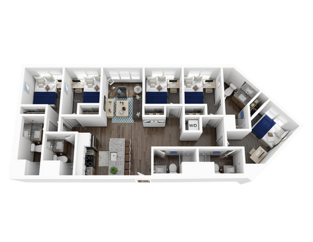 Modern 3D floor plan showcasing 5 bedrooms with shared amenities, stylish open dining area, and efficient kitchen layout.