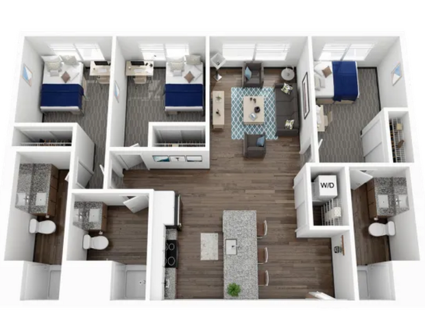Modern floor plan illustrating a spacious 3-bedroom apartment with two bathrooms, open kitchen with island seating, cozy living area, and ample natural light.
