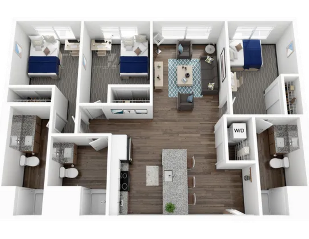 Contemporary 3D floor plan featuring three spacious bedrooms, open-concept living and dining area, modern kitchen with island, and two bathrooms for a stylish living experience.