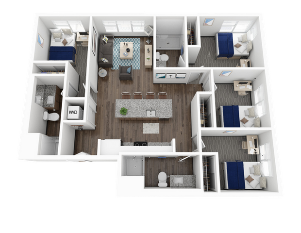 Modern 3D floor plan showcasing 4 spacious bedrooms, a stylish open-concept living area, and a sleek kitchen with island seating.