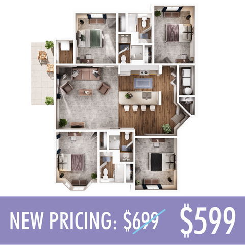 Spacious floor plan featuring 4 bedrooms, open living and dining area, modern kitchen, and outdoor patio.