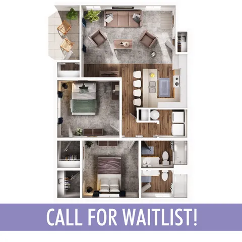 Modern 3D floor plan featuring two bedrooms, open living room, chic kitchen, and two bathrooms with a cozy patio.