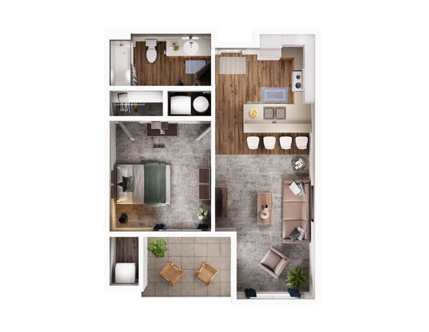 Charming 1-bedroom apartment floor plan with open living area and private balcony.