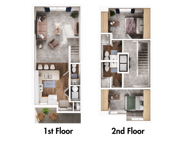 Elegant two-story floor plan showcasing a spacious living area, modern kitchen, and two bedrooms.