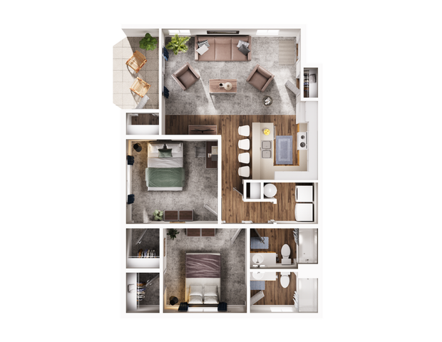 Modern 3D floor plan featuring two bedrooms, open living room, chic kitchen, and two bathrooms with a cozy patio.