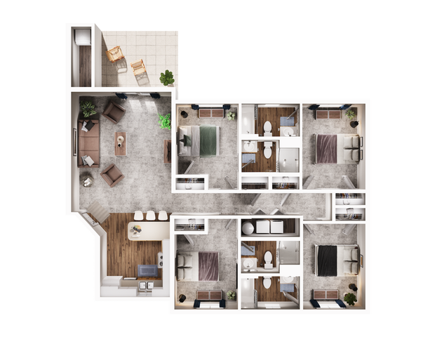 Detailed 3D floor plan featuring 4 bedrooms, a cozy living area, modern kitchen, and balcony.