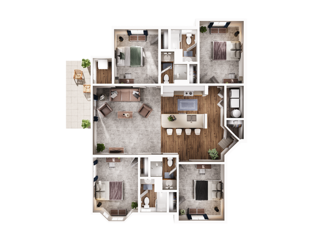 Spacious floor plan featuring 4 bedrooms, open living and dining area, modern kitchen, and outdoor patio.