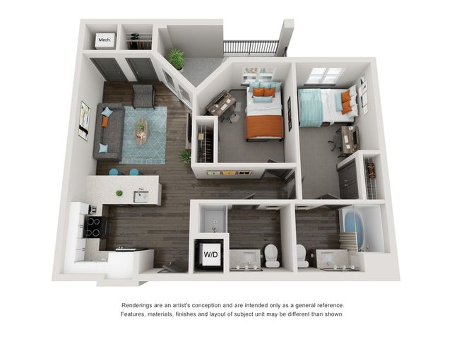 Charming 3D floor plan showcasing 2 cozy bedrooms, modern kitchen, inviting living area, and sleek bathrooms with wood flooring.