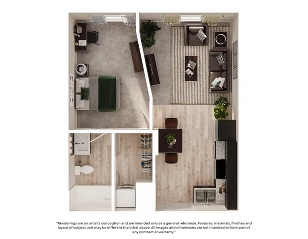 Charming 1-bedroom apartment floor plan featuring an elegant living room, modern kitchen, and cozy home office space.