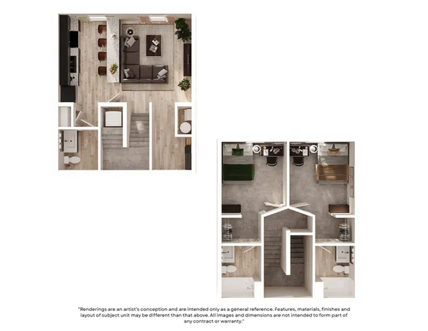 Modern two-level floor plan showcasing a spacious open-concept living area with kitchen on the lower level and two cozy bedrooms with individual bathrooms on the upper level, perfect for stylish living.