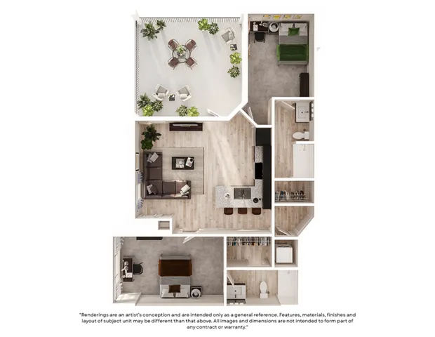 Modern 2D floor plan featuring a spacious living area, sleek kitchen, two cozy bedrooms, and an inviting outdoor patio space.