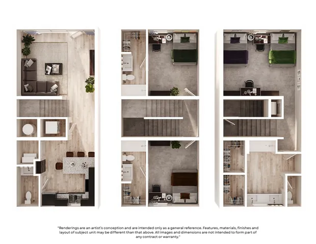 Elegant 3D floor plan showcasing a modern three-story layout with spacious living area, stylish kitchen, and three cozy bedrooms.