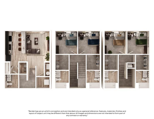 Modern multi-level floor plan showcasing an open-concept living room and kitchen, complemented by three elegant bedrooms, ideal for family living.