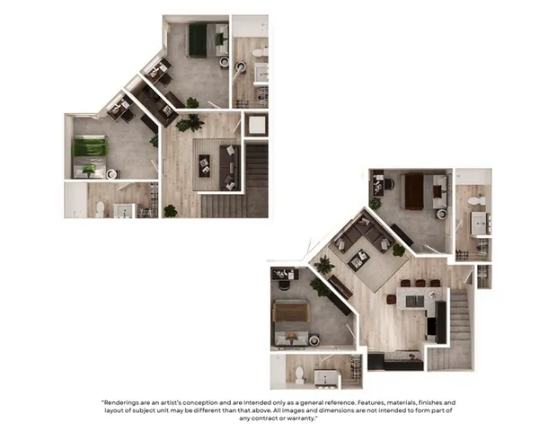 Chic duplex floor plan showcasing 3 stylish bedrooms, a cozy living area, and modern kitchen across two levels, perfect for comfortable urban living.