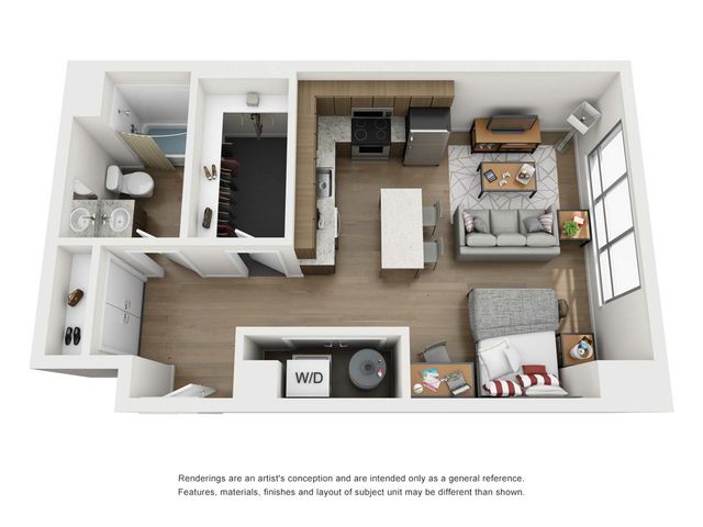 Detailed 3D floor plan of a studio apartment featuring an open-concept kitchen, living area, bathroom, and a cozy sleeping space.