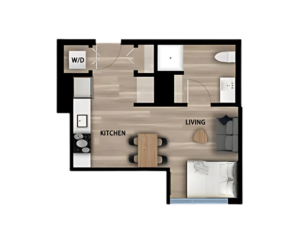 Modern floor plan with cozy bedroom, open kitchen-living area, and compact bathroom.