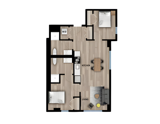 Contemporary 2D floor plan highlighting 2 bedrooms, a functional kitchen, inviting living area, and laundry space.