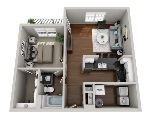 A6 3d floor plan with furniture and hardwood floors