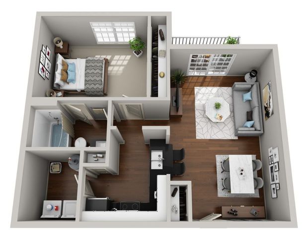 A7 3d floor plan with furniture and hardwood floors.