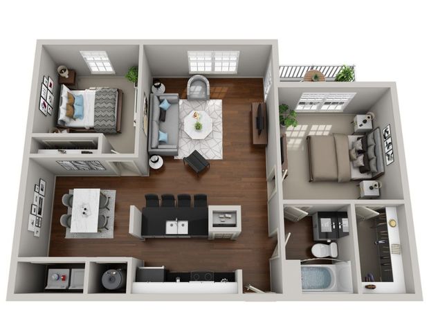 B1 3d floor plan with furniture and hardwood floors