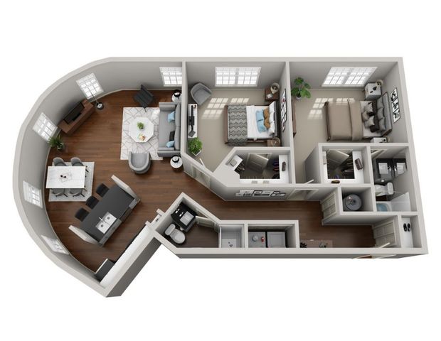 B3 3d floor plan with furniture and hardwood floors