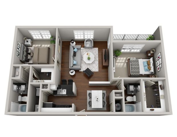 B2 3d floor plan with furniture and hardwood floors