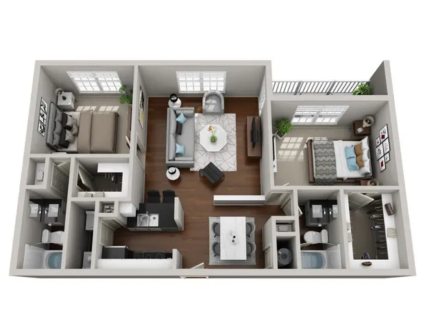 B5 3d floor plan with furniture and hardwood floors