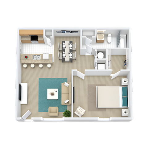 Modern 3D floor plan showcasing a spacious 1 bedroom, open-concept kitchen with breakfast bar, inviting living area, and stylish dining space.