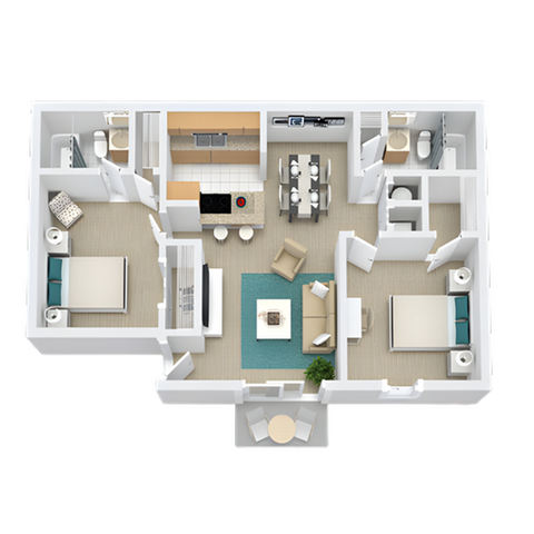 Chic 3D floor plan showcasing 2 bedrooms, open-concept living and dining area, modern kitchen, and two elegant bathrooms.