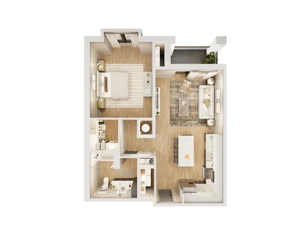 Modern 2D floor plan featuring a spacious bedroom, cozy living area, sleek kitchen, and elegant bathroom, with natural lighting and a balcony for fresh air.