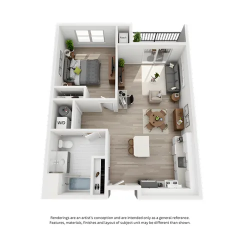 Elegant 3D floor plan showcasing a modern one-bedroom apartment with an open-concept living and dining area, sleek kitchen, and a cozy balcony.
