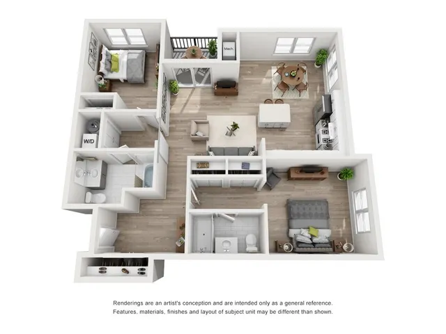 Inviting 3D floor plan showcasing 2 bedrooms, modern kitchen, cozy living area, and balcony, ideal for comfortable living.