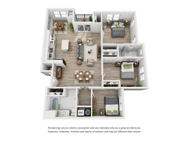 Spacious 3D floor plan of a modern apartment featuring three bedrooms, an open-concept living and dining area, and a sleek kitchen. Ideal for comfortable living, showcasing bright interiors and efficient use of space.