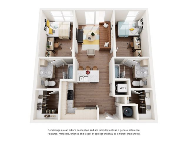 Modern floor plan showcasing a spacious 2-bedroom apartment with an inviting open-concept living area, stylish kitchen, and two luxurious bathrooms. Perfect balance of comfort and functionality.