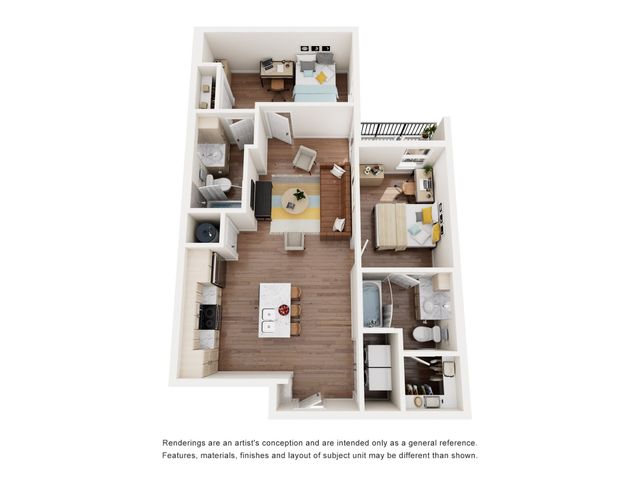 Modern apartment floor plan showcasing 2 bedrooms, a stylish open-concept living area, full kitchen with island, and two sleek bathrooms.