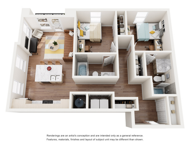 Modern 3D floor plan showcasing a cozy 2-bedroom apartment with an open-concept living, dining, and kitchen area, featuring elegant wood flooring and contemporary design.