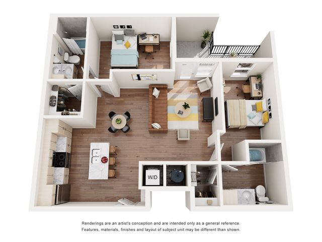 Elegant apartment floor plan with 2 bedrooms, stylish open kitchen, cozy living area, and private balcony.