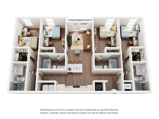 Modern 3D floor plan showcasing three bedrooms, a sleek kitchen, cozy open-concept living area, and two bathrooms, ideal for comfortable living.