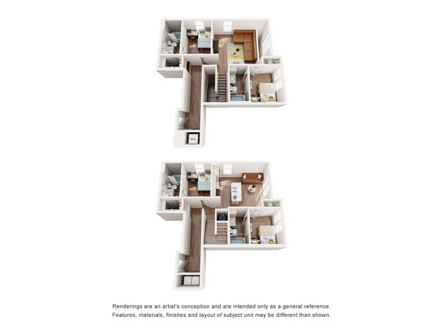 Elegant 3D apartment floor plan showcasing modern dual-level design, featuring 2 spacious bedrooms, cozy living area, and stylish kitchen.