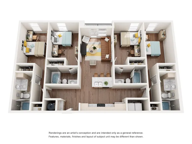 Contemporary 3D floor plan showcasing 3 spacious bedrooms, inviting living area, modern kitchen, and two elegant bathrooms.