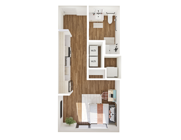 Chic open-layout studio floor plan with a modern kitchen, spacious living area, cozy bedroom space, and elegant bathroom.