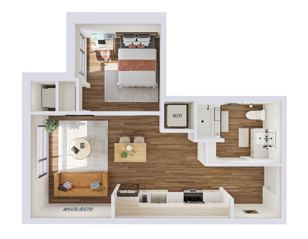 Modern 1-bedroom apartment floor plan with open living space, elegant kitchen, and spacious bathroom.