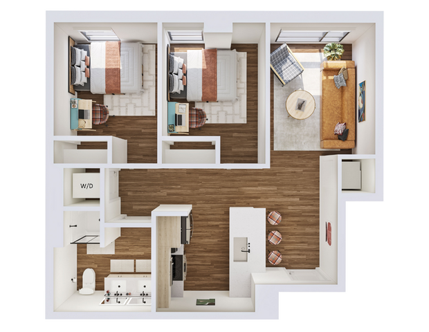 Chic 2-bedroom apartment floor plan featuring a cozy living room, modern kitchen with island, and full bathroom.
