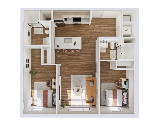 Modern 3D floor plan showcasing 2 bedrooms, cozy living room, stylish kitchen with island, and efficient layout.