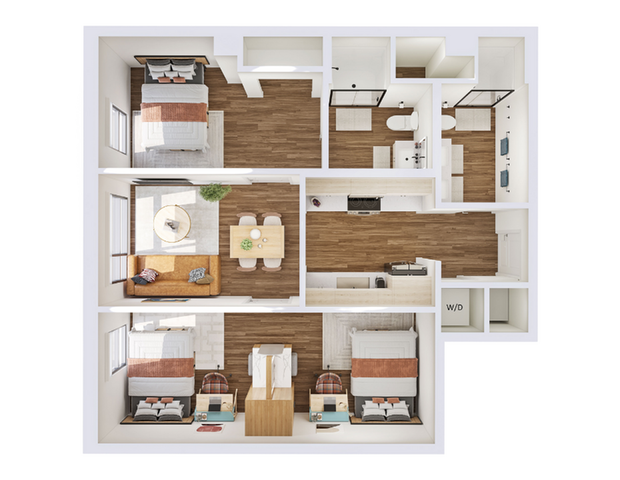 Elegant floor plan showcasing three spacious bedrooms, two modern bathrooms, an open living and dining area, and a sleek kitchen. Ideal for comfortable urban living.