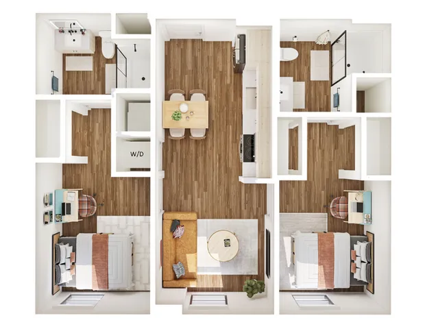 Charming apartment floor plan showcasing two bedrooms, cozy living area, modern kitchen, and spacious bathrooms, accented with sleek wooden flooring and ample natural light.