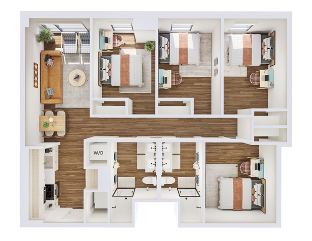 Chic floor plan layout featuring four cozy bedrooms, a stylish open living area, and a modern kitchen. Perfectly designed for comfortable living with ample natural light and convenient bathroom access.