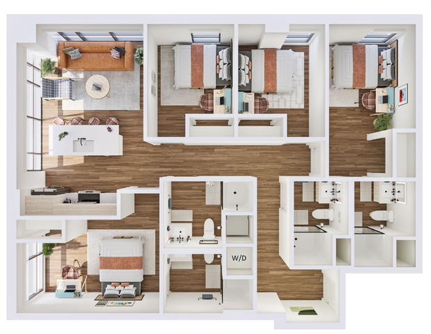 Chic floor plan illustrating a modern apartment with three bedrooms, open-concept living and dining area, sleek kitchen, and two elegant bathrooms.
